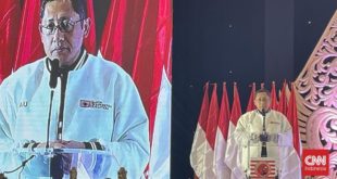 Anas Urbaningrum terpilih secara aklamasi sebagai Ketua Umum Partai Kebangkitan Nusantara (PKN) pada hari Jum'at tanggal 14 Juli 2023. (foto : CNN Indonesia/Thohirin)