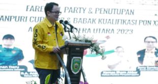 Ketua Umum Pengurus Besar (PB) Persatuan Boling Indonesia (PBI), Jerry Sambuaga, saat memberikan sambutannya pada acara Farewell Party Kejurnas Leanpuri Cup 2023 dan Babak Kualifikasi PON XXI Aceh-Sumatera Utara 2024 di Griya Agung Palembang, hari Senin tanggal 31 Juli 2023. (foto : bekisarmedia.id/hairudin)