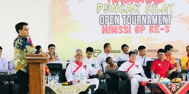 Camat Tungkal Jaya, Yudi Suhendra, membuka Kejuaraan Nasional (Kejurnas) Pencak Silat HIMSSI (Himpunan Seni Silat Indonesia) GP ke 3 Open Tahun 2024 yang dipusatkan di Bumi Perkemahan Pandu Kinasih, Desa Sumber Harum, Kecamatan Tungkal Jaya, Kabupaten Musi Banyuasin, 6-8 Januari 2024. (foto : DinKominfo Muba)