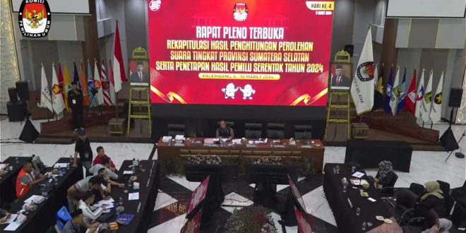 Suasana Rapat Pleno Rekapitulasi Perolehan Suara Calon Anggota Dewan Perwakilan Rakyat Republik Indonesia pada Pemilihan Umum Tahun 2024, hari Senin tanggal 11 Maret 2024, di Aula KPU Sumsel. (Hairudin Sikumbang)