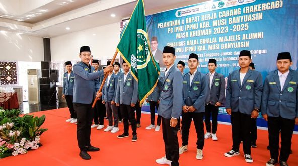 Pelantikan dan Rapat Kerja Cabang Pengurus Cabang Ikatan Pelajar Nahdlatul Ulama dan Ikatan Pelajar Putri Nahdlatul Ulama (PC IPNU IPPNU) Kabupaten Musi Banyuasin Masa Khidmah 2023–2025 sekaligus Halal Bihalal Majelis Alumni Ikatan Pelajar Nahdlatul Ulama dan Ikatan Pelajar Putri Nahdlatul Ulama (PC IPNU IPPNU) Kabupaten Musi Banyuasin, Senin (29/4/2024) di Pendopoan Griya Bumi Serasan Sekate. (Bekisar Media / Eka Sahputra)