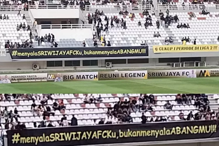 Spanduk yang dibentangkan oleh supporter Sriwijaya FC saat menyaksikan pertandingan Reuni Legenda Sriwijaya FC di Stadion Gelora Sriwijaya Jakabaring, hari Minggu tanggal 30 Juni 2024. (Bekisar Media / Raam)