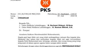 Surat undangan dari Dewan Pimpinan Wilayah Partai Keadilan Sejahtera Provinsi Sumatera Selatan kepada H. Rachmat Hidayat dan H. Rustam Effendi untuk menghadiri acara penyerahan Surat Keputusan Dewan Pimpinan Pusat Partai Keadilan Sejahtera. (Bekisar Media / Oyong Hairudin)
