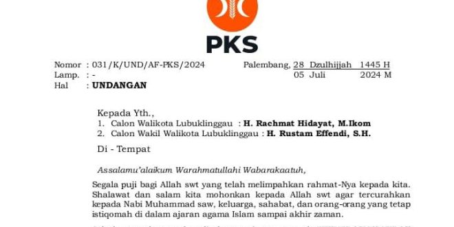 Surat undangan dari Dewan Pimpinan Wilayah Partai Keadilan Sejahtera Provinsi Sumatera Selatan kepada H. Rachmat Hidayat dan H. Rustam Effendi untuk menghadiri acara penyerahan Surat Keputusan Dewan Pimpinan Pusat Partai Keadilan Sejahtera. (Bekisar Media / Oyong Hairudin)