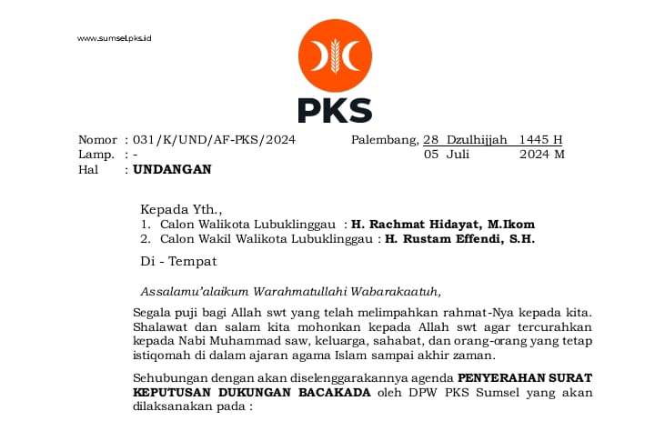 Surat undangan dari Dewan Pimpinan Wilayah Partai Keadilan Sejahtera Provinsi Sumatera Selatan kepada H. Rachmat Hidayat dan H. Rustam Effendi untuk menghadiri acara penyerahan Surat Keputusan Dewan Pimpinan Pusat Partai Keadilan Sejahtera. (Bekisar Media / Oyong Hairudin)