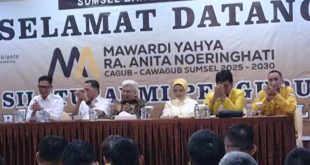 Mawardi Yahya dan R.A. Anita Noeringhati menghadiri acara Konsolidasi Partai Golkar dan Partai Gerindra menghadapi Pilgub Sumsel Tahun 2024, hari Jum'at tanggal 9 Agustus 2024. (Bekisar Media / Oyong)