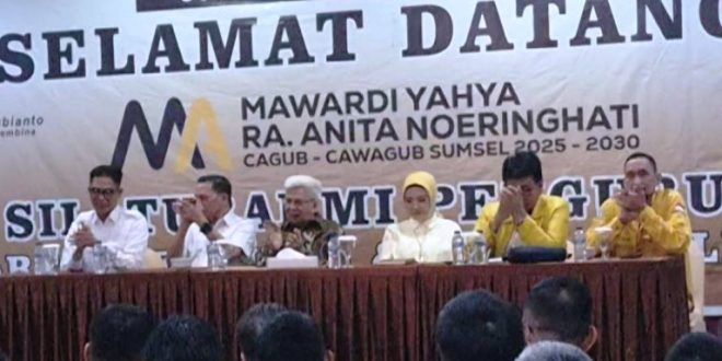 Mawardi Yahya dan R.A. Anita Noeringhati menghadiri acara Konsolidasi Partai Golkar dan Partai Gerindra menghadapi Pilgub Sumsel Tahun 2024, hari Jum'at tanggal 9 Agustus 2024. (Bekisar Media / Oyong)