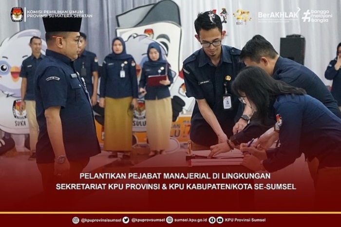 Sekretaris Komisi Pemilihan Umum Daerah (KPUD) Provinsi Sumatera Selatan (Sumsel), Eko Iswantoro, melantik sebanyak 97 Pejabat Manajerial yang terdiri dari 12 Kepala Bagian (Kabag) dan Kepala Sub Bagian (Kasubbag) di lingkungan KPU Sumsel. (foto : ig @kpuprovinsisumsel)