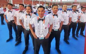 Wasit-wasit yang memimpin pertandingan Kick Boxing di Pekan Olahraga Nasional (PON) tahun 2024 di Aceh dan Sumatera Utara. (BekisarMedia/Dok. Pribadi KBI Sumsel)