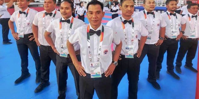 Wasit-wasit yang memimpin pertandingan Kick Boxing di Pekan Olahraga Nasional (PON) tahun 2024 di Aceh dan Sumatera Utara. (BekisarMedia/Dok. Pribadi KBI Sumsel)