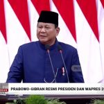 Presiden Republik Indonesia Periode 2024-2029, Prabowo Subianto, memberikan kata sambutan pertamanya di Gedung Nusantara, Jakarta, hari Minggu pagi, tanggal 20 Oktober 2024. (tangkapan layar YouTube TvOne)
