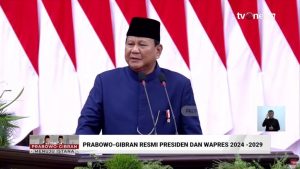 Presiden Republik Indonesia Periode 2024-2029, Prabowo Subianto, memberikan kata sambutan pertamanya di Gedung Nusantara, Jakarta, hari Minggu pagi, tanggal 20 Oktober 2024. (tangkapan layar YouTube TvOne)