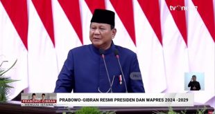 Presiden Republik Indonesia Periode 2024-2029, Prabowo Subianto, memberikan kata sambutan pertamanya di Gedung Nusantara, Jakarta, hari Minggu pagi, tanggal 20 Oktober 2024. (tangkapan layar YouTube TvOne)