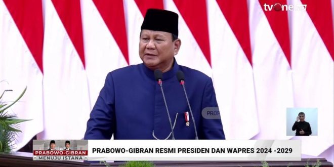 Presiden Republik Indonesia Periode 2024-2029, Prabowo Subianto, memberikan kata sambutan pertamanya di Gedung Nusantara, Jakarta, hari Minggu pagi, tanggal 20 Oktober 2024. (tangkapan layar YouTube TvOne)