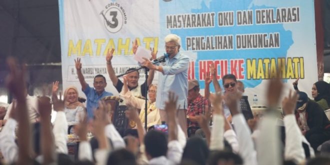 Calon Gubernur Sumatera Selatan Nomor Urut 3, Mawardi Yahya, menghadiri acara pengukuhan Tim Pemenangan di Gedung Serbaguna Hotel Redante 2, Kecamatan Baturaja, kabupaten Ogan Komering Ulu. (BekisarMedia.id/Angga)