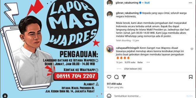 Tangkapan layar postingan akun instagram @gibran_rakabuming tentang Kanal Pengaduan yang diberi nama Lapor Mas Wapres. (foto : tangkapan layar IG @gibran_rakabuming)