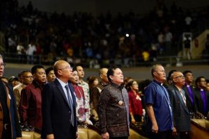 Pj. Gubernur Provinsi Sumatera Selatan, Elen Setiadi, saat menghadiri Perayaan Natal Oikumene Kristen Katolik Sumatera Selatan (OKSS) Tahun 2025 yang dipusatkan di Palembang Sport and Convention Center (PSCC), hari Sabtu malam, tanggal 11 Januari 2025. (Bekisarmedia/Oyong)