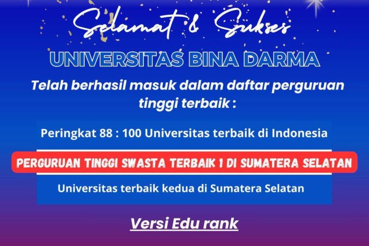 Universitas Bina Darma (UBD) kembali meraih prestasi gemilang, dengan menempati peringkat pertama sebagai Perguruan Tinggi Swasta (PTS) terbaik di Provinsi Sumatera Selatan (Sumsel).