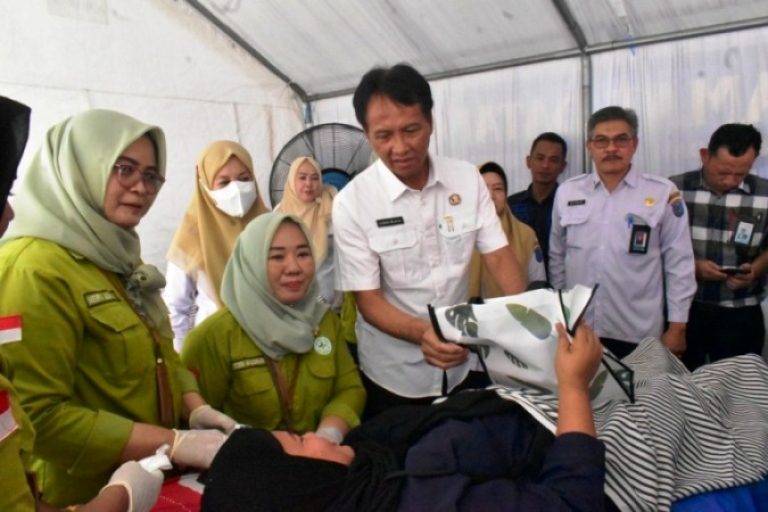 Sekretaris Daerah (Sekda) Kabupaten OKI, Asmar Wijaya, saat meninjau pelaksanaan program pengendalian inflasi melalui pasar murah dan mempermudah masyarakat mendapat pelayanan publik. (BEKISARMEDIA/OYONG HAIRUDIN)