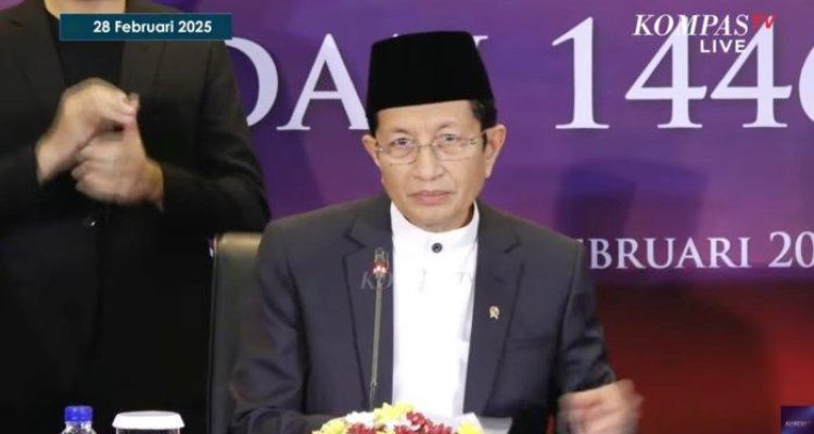 Menteri Agama Republik Indonesia, Nasaruddin Umar, menyampaikan hasil sidang isbat penentuan 1 Ramadhan tahun 1446 Hijriah di Kantor Kementerian Agama, Jakarta, pada hari Jum'at, tanggal 28 Februari 2025. (BEKISARMEDIA/OYONG HAIRUDIN)