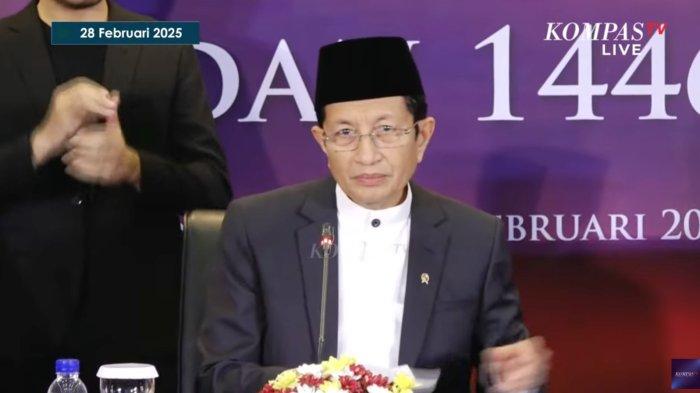 Menteri Agama Republik Indonesia, Nasaruddin Umar, menyampaikan hasil sidang isbat penentuan 1 Ramadhan tahun 1446 Hijriah di Kantor Kementerian Agama, Jakarta, pada hari Jum'at, tanggal 28 Februari 2025. (BEKISARMEDIA/OYONG HAIRUDIN)