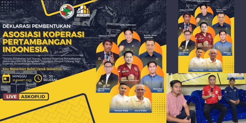 Sejumlah tokoh pertambangan dan koperasi secara resmi mendeklarasikan pembentukan Asosiasi Koperasi Pertambangan Indonesia (ASKOPI), dalam sebuah acara yang berlangsung di Kota Pangkapinang, Bangka Belitung, pada hari Minggu, tanggal 23 Maret 2025. (BEKISARMEDIA/PJS)