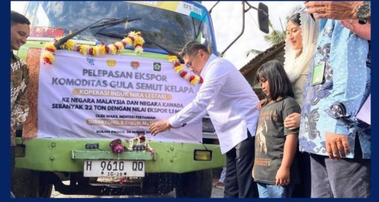 Wakil Menteri Pertanian Republik Indonesia, Sudaryono saat melepas ekspor Gula Semut ke Kanada sebanyak 20 ton dengan nilai Rp800 juta, dan ke Malaysia sebanyak 2 ton dengan total nilai Rp300 juta rupiah, di Desa Girimulyo, Kecamatan Kokap, Kabupaten Kulon Progo, Yogyakarta, pada hari Kamis, tanggal 20 Maret 2025. (BekisarMedia.id/instagram ditjenperkebunan)