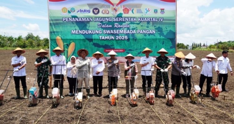 Bupati Kabupaten Ogan Komering Ilir, H. Muchendi Mahzareki, mengikuti kegiatan Penanaman Jagung Serentak Kuartal IV yang digelar di kawasan Sepucuk, Kayuagung, pada hari Rabu, tanggal 8 Oktober 2025. (BEKISARMEDIA.ID/SIKUMBANG)