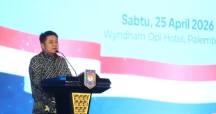 Gubernur Sumatra Selatan (Sumsel), Herman Deru, saat menghadiri Forum Akselerator Negeri yang digelar Kementerian Dalam Negeri (Kemendagri) Republik Indonesia, di Ballroom Hotel Wyndham OPI Jakabaring, Palembang, Sabtu, 25 April 2026.