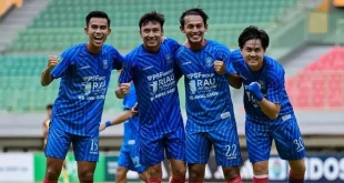 Pemain PSPS Pekanbaru melakukan selebrasi usai menciptakan gol ke gawang Sriwijaya FC, pada hari Jum'at, tanggal 3 April 2026 di Stadion Chandra Bhaga, Bekasi. (foto : instagram PSPS Riau)