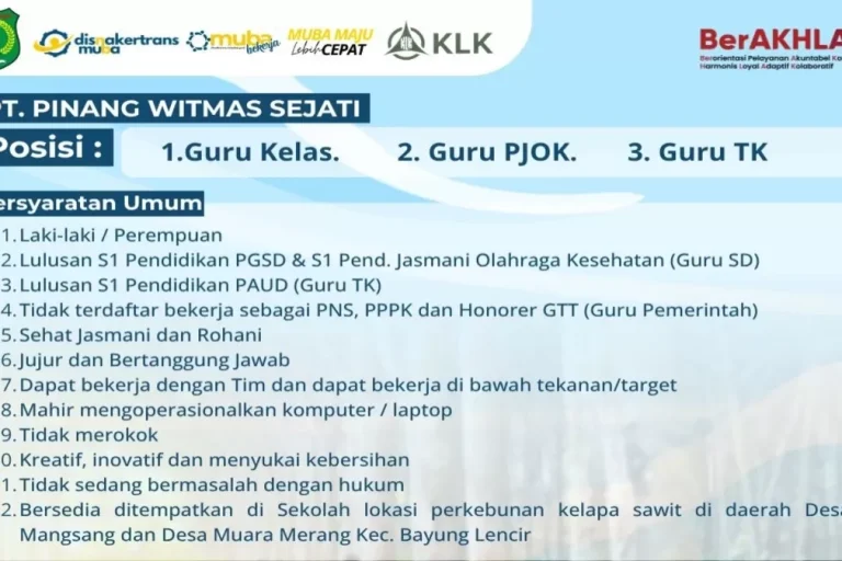 Pemkab Muba berkolaborasi dengan PT Pinang Witmas Sejati (Kuala Lumpur Kepong/KLK Group) membuka lowongan kerja strategis untuk posisi tenaga pendidik (guru) swasta yang akan ditempatkan di kawasan perkebunan kelapa sawit, Kecamatan Bayung Lencir. (BEKISARMEDIA.ID/WAHYUDI) Pemkab Muba berkolaborasi dengan PT Pinang Witmas Sejati (Kuala Lumpur Kepong/KLK Group) membuka lowongan kerja strategis untuk posisi tenaga pendidik (guru) swasta yang akan ditempatkan di kawasan perkebunan kelapa sawit, Kecamatan Bayung Lencir. (BEKISARMEDIA.ID/WAHYUDI)
