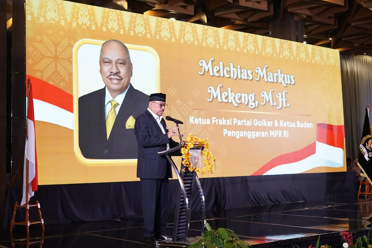 Ketua Fraksi Partai Golkar di MPR RI, Melchias Markus Mekeng, saat menghadiri Sarasehan Kebangsaan Majelis Permusyawaratan Rakyat (MPR) Republik Indonesia (RI) yang mengusung tema Obligasi Daerah sebagai Alternatif Pembiayaan Pembangunan dan Instrumen Investasi Publik, di Hotel Aston Palembang, Selasa, 19 Mei 2026. (BEKISARMEDIA.ID/HAIRUDIN)