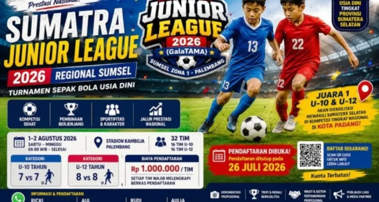 Penyelenggara Sumatra Junior League resmi membuka pendaftaran peserta untuk wilayah Palembang, dan akan digelar pada 1–2 Agustus 2026 di Lapangan Kamboja. (BEKISARMEDIA.ID/TRI)