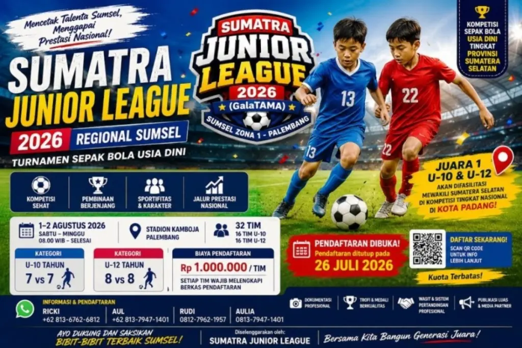 Penyelenggara Sumatra Junior League resmi membuka pendaftaran peserta untuk wilayah Palembang, dan akan digelar pada 1–2 Agustus 2026 di Lapangan Kamboja. (BEKISARMEDIA.ID/TRI)