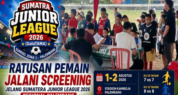 Ratusan pemain yang akan berlaga pada Sumatera Junior League (SJL) 2026 Regional Palembang, menjalani proses screening atau verifikasi data di Stadion Kamboja, Palembang, Jum’at, 31 Juli 2026. (BEKISARMEDIA.ID/ANGGA)