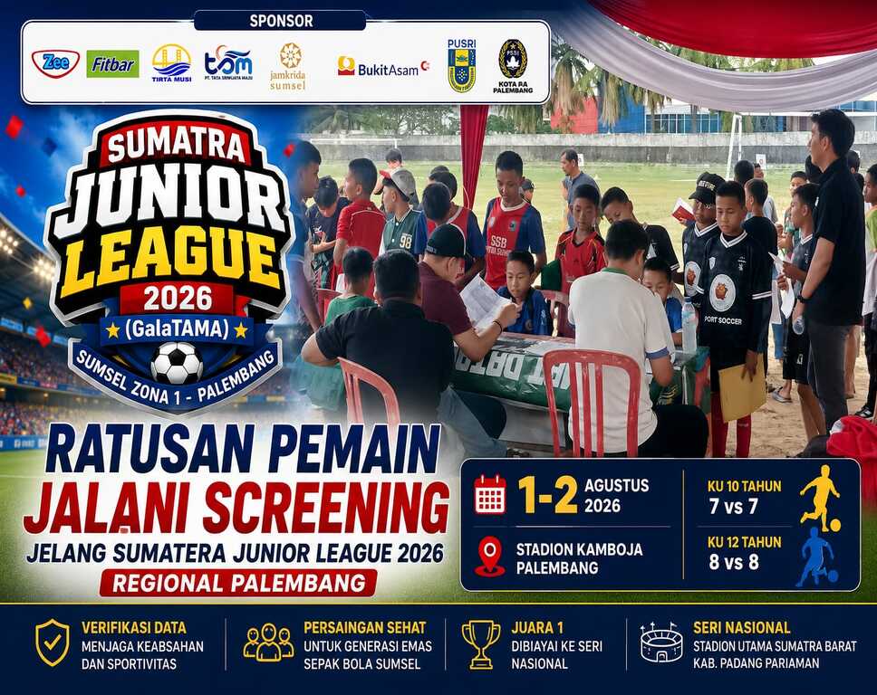 Ratusan pemain yang akan berlaga pada Sumatera Junior League (SJL) 2026 Regional Palembang, menjalani proses screening atau verifikasi data di Stadion Kamboja, Palembang, Jum’at, 31 Juli 2026. (BEKISARMEDIA.ID/ANGGA)