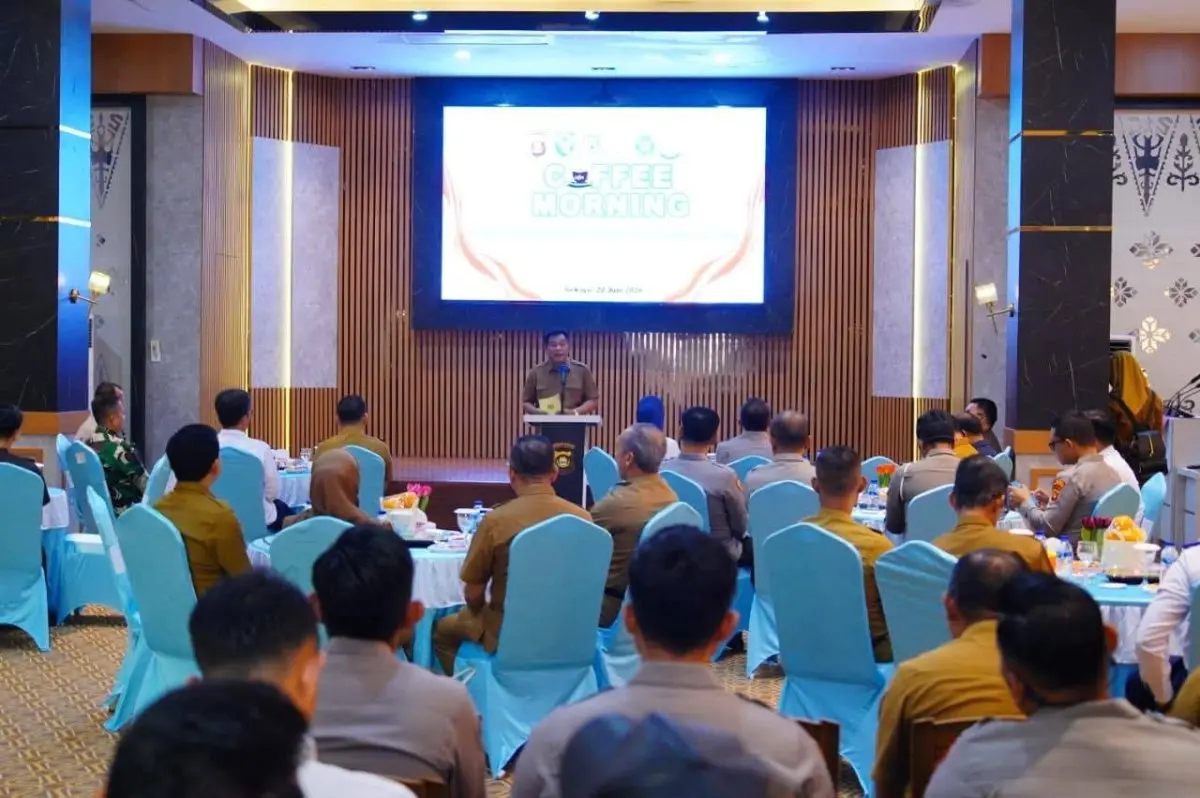 Kepolisian Resor Musi Banyuasin (Polres Muba) menggelar Coffee Morning Forum Koordinasi Pimpinan Daerah (Forkopimda) di Aula H. Alex Noerdin Polres Muba, pada hari Senin, tanggal 22 Juni 2026. (BEKISARMEDIA.ID/HAIRUDIN)