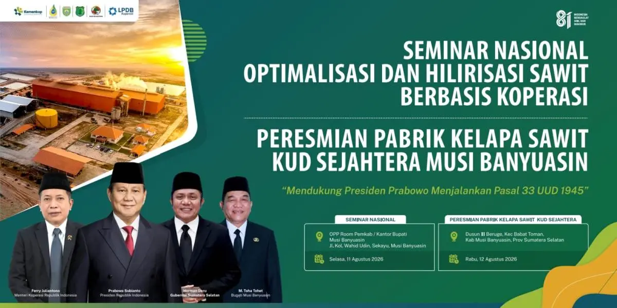 Kabupaten Musi Banyuasin (Muba) bersiap menjadi salah satu titik penting penguatan hilirisasi kelapa sawit berbasis koperasi di tingkat nasional. Dua agenda strategis dijadwalkan berlangsung secara berturut-turut pada 11 hingga 12 Agustus 2026 mendatang. (BEKISARMEDIA.ID/ANGGA)