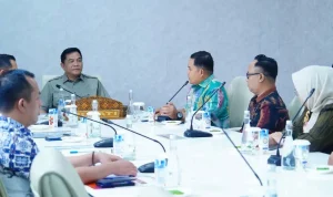Bupati Kabupaten Musi Banyuasin (Muba), Toha Tohet, menyambut audiensi jajaran PT Bank Syariah Indonesia (BSI) Area Palembang di Guest House Griya Bumi Serasan Sekate, Kamis, 3 September 2026. (BEKISARMEDIA.ID/ANGGA)