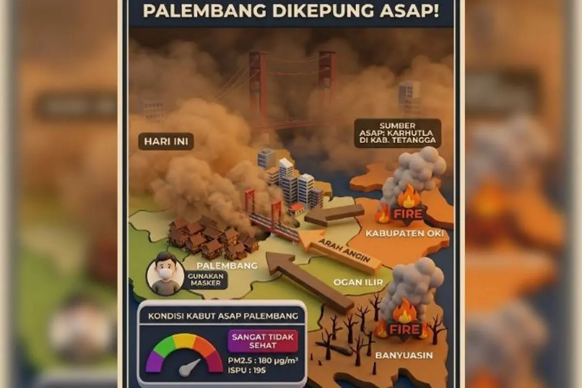 Kabut asap pekat menyelimuti seluruh wilayah Kota Palembang pada Kamis pagi, 1 Oktober 2026. Paparan asap tersebut didorong oleh bencana kebakaran hutan dan lahan (karhutla) yang intensif menerjang wilayah tetangga, Kabupaten Ogan Komering Ilir. (BEKISARMEDIA.ID/HAIRUDIN)
